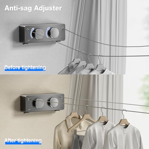 Image of MUSTORN Retractable Twin Clothesline Indoor, Non-Sagging Outdoor Clothes Line Retracting Heavy Duty Clothes Drying Laundry Line Wall Mounted Stainless Steel Line-13.8Feets(Double Line-Gray)