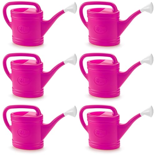 Tradineur Lot de 6 arrosoirs en plastique, capacité 4 litres, ustensiles de jardinage, arrosage, maison, balcon, terrasse, patio, couleur fuchsia