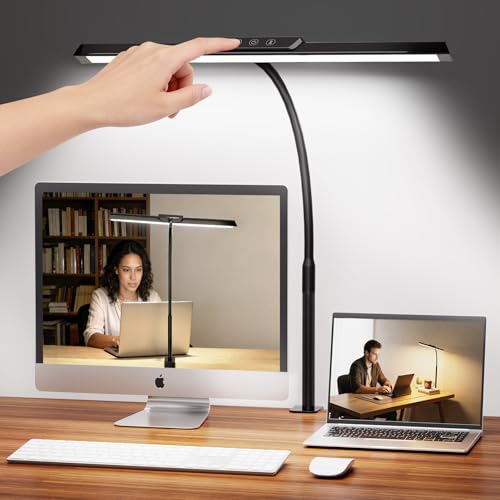 LED Desk Lamp for Office Home, Stepless Dimming Architect Desk Light with DC Adapter, Eye-Caring Desk Lamp with Clamp, 25 Lighting Modes Adjustable 12.8in Flexible Gooseneck for Workbench, Drafting