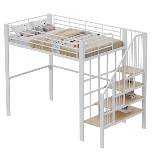 Hochbett 140 x 200 Stabile Metallkonstruktion mit geräumigem Stauraum unter dem Bett und Treppe Ideal für Kinder und Erwachsene Stauraumbett für maximale Platzeffizienz (Weiß)