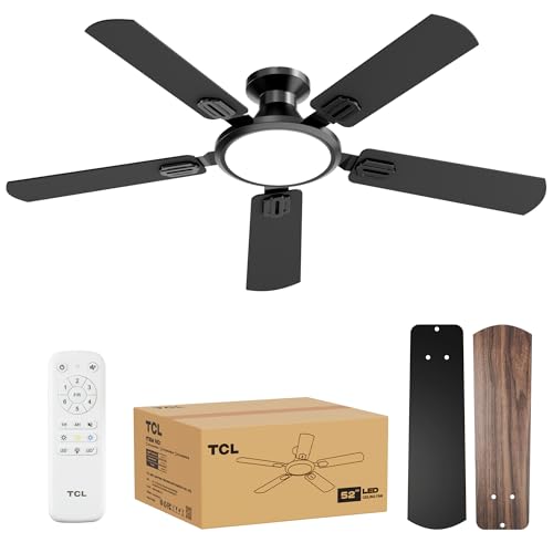 TCL 52' Low Profile Ceiling Fan with Light, Slim, Black, Flush Mount, DC Reversible Motor, 6 Speeds, Remote Control, Noiseless, Dimmable, LED Light, 3CCT, Modern Matte Black Ceiling Fan for Bedroom