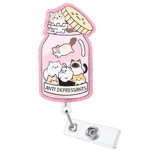 Anti Depressants Funny Nurse Badge Reel, Cute Pink Cat Retractable ID Card Badge Holder, Name Tag Medical Badge Buddy for Pediatrics Nurse Psychiatrist Psychotherapist Medical Office Staff Cat Lover