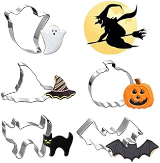 5 Pcs Halloween Cookie Cutters Shapes Set, FUKPO Stainless Steel Halloween Sandwich Cutters Biscuits Pumpkin Cutter Mini, Witch's Hat Bat Cat Ghost Cookie Cutter Children Fondant Baking Molds Kit