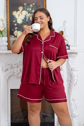 Image of Vozanet Women's Plus Size Button Down Pajamas Soft Lounge Sets Shorts with Pockets Bride Nighty Solid Soft Pjs 1x to 5x