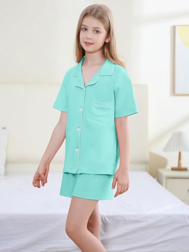 QZH.DUAO 100% Cotton Pajamas Set, Girls PJ Set Button Down Short Sleeve pjs Sleepwear Nightwear Loungewear for girl, Teal, 11-12 Years4