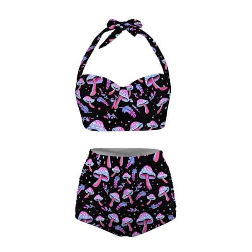 Youngerbaby Purple Mushroom Bikini Sets for Women High Waisted 2 Piece Leaves Print Bathing Suit Halter Swimwear Sexy Soft Comfy Plus Size XL
