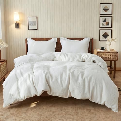 Simple&Opulence 100% Linen Duvet Cover Set, 3 PCS Natural French Flax White Duvet Cover King Size, Breathable Soft Comfy Linen Bedding Comforter Cover with 2 Pillowcases(White, 104
