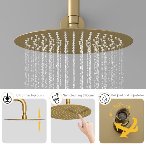 Image of BESy Shower System with 10 Inch Round Rain Shower Head and Handheld Wall Mounted, High Pressure Rainfall Shower Faucet Fixture Combo Set with 2 in 1 Handheld Showerhead for Bathroom, Brushed Gold