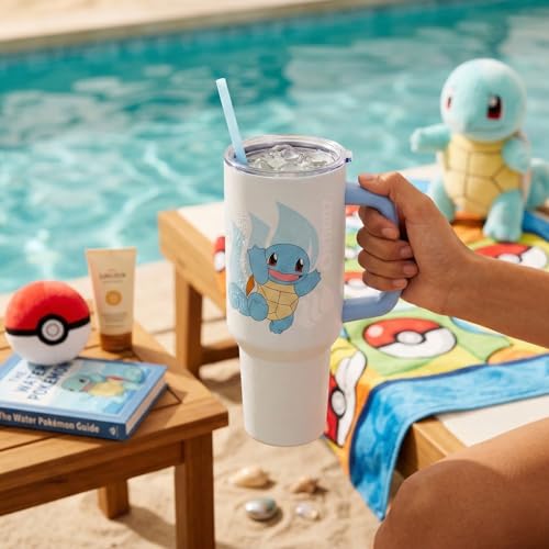 Image of Silver Buffalo Pokemon Featuring Squirtle Double Walled Stainless Steel Tumbler with Handle and Straw, Fits in Standard Cup Holder, 40 Ounces