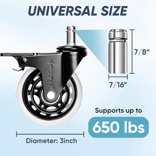 Image of TICONN Office Chair Caster Wheels Set of 5 for Tile, Hardwood Floors and Carpets, Universal Fit for Most Chairs (Transparent with Brake)