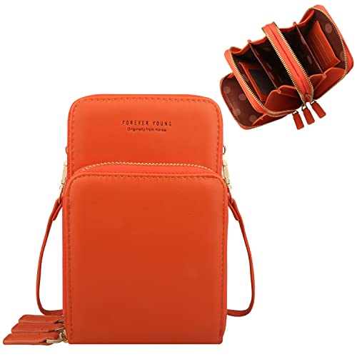 Fangoo Klein Handy Umhängetasche, Damen Kleine Handy-Geldbörse mit 3 Reißverschluss, PU Leder Crossbody Kartenhalter Geldbörse, Umhängetasche mit verstellbarem Riemen Kreditkartenfächer Cover