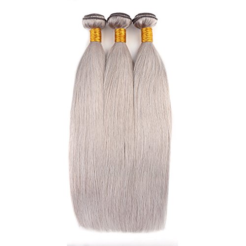 Silk Straight Hair 3 Bundles Remy Brazilian Human Hair Weaving 24 inch Silver Grey