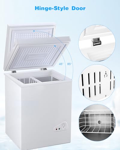 EUASOO 5 Cu.Ft Chest Freezer with a Removable Basket 7 Gears Adjustable Temperature Control(-18°F to -46°F), Deep Compact Freezer for Garage, Office, Basement, House, Kitchen, Shop, RVs-White