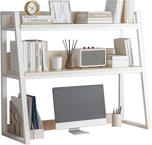 Desk Hutch for College Dorm, Ladder Desk Shelf, Desk Hutch 3-Tier, Multipurpose Vintage Metal and Wood Bookshelf Storage Organizer for Dorm, Office, Home (White, 37 * 12 * 35in)