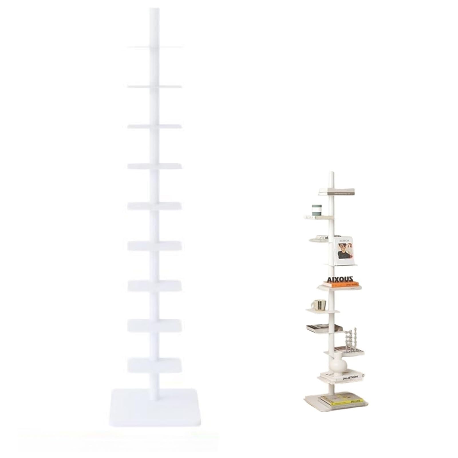 Estantería de metal de 9 niveles tipo torre vertical y escalera estrecha para libros
