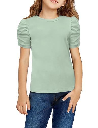 Image of Arshiner Girls Puff Short Sleeve Shirts Summer Ribbed Knit Crewneck T Shirt Tops Tee Blouse
