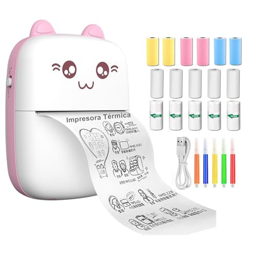 rayoner Mini Impresora Portatil Termica para Movil, Compatible con iOS, Android, Recargable, Bluetooth, 16 Rollos de Papel (Rosa)