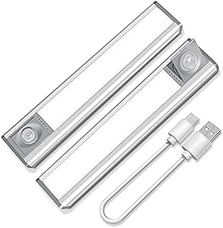 Under Cabinet Lights, 74 LED,3 Color Temperatures Adjustable, Motion Sensor Night Light,Dimmable Rotary Sensor,2 Pack Wireless Rechargeable Battery Cupboard Light Magnetic for Wardrobe Kitchen Stair