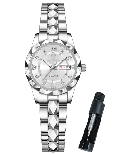 Image of BINBOND Women's Watch Fashion Diamond Elegant Dress Date Ladies Small Wrist Watches for Women Two Tone Stainless Steel Waterproof Luminous Silver