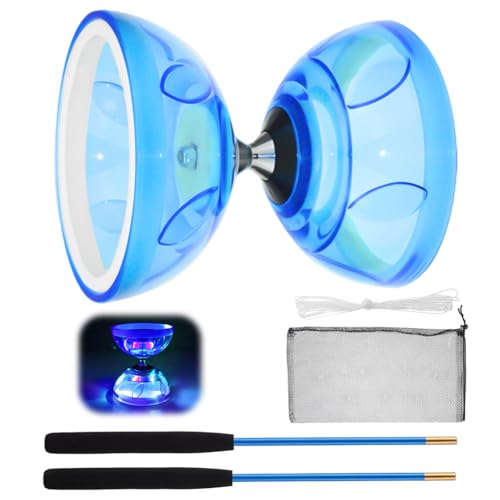 LED Diabolo mit Kugellager, 4,5mm Diabolo Jonglier Set Leuchtend im Dunkeln für Kinder & Erwachsene, Yoyo Profi, Jonglieren Bälle, Zirkus Spielzeug (Blau)