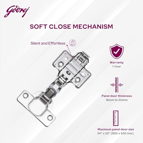 Image of Godrej Cabinet Hinges | Soft Close | Clip On 3D | 4 Hole Full Overlay | Suitable for 14-20 mm Thick Panel | 105 Opening | Wardrobe, Kitchen, Bathroom | 1 Year Warranty