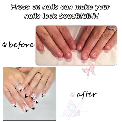 24pcs Almond Fake Nails - Black Edge False Nails French Tip with Pink Bow and Heart - 12 Sizes Glue on Nails French Nail Tips - Full Cover Glossy Acrylic Nails for Women Girls Nail Art - Image 2