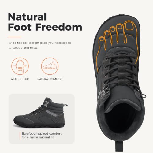 Image of Womens Mens Winter Barefoot Boots Warm Minimalist Wide Toe Box Snow Boots Zero Drop Sole Outdoor Water Resistant Ankle Booties