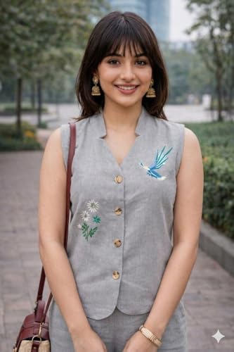 Image of Yellow Embroidered Co-Ord Set, Sleeveless Vest with Wide-Leg Trousers