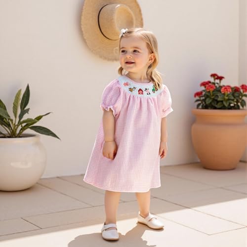 Kids Girls Summer Dress Plaid Animal Embroidery Puff Short Sleeve Smocked Princess Dress Cute Toddler Farm Clothes3