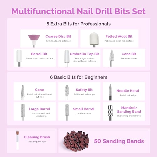MelodySusie Cordless Electric Nail Drill Machine 11 in 1 Kit, 25000RPM Portable Rechargeable Nail Efile Set for Acrylic Gel Dip Powder Nails, 25 Speeds Manicure Pedicure Polishing Shape Tools