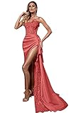 NABN Women Strapless Corset Appliques Black Prom Dresses with High Slit Formal Dress for Mermaid Evening Gowns, Coral, 4