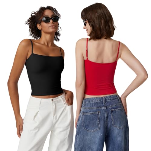 QINSEN Basic Cami Tank Top for Women Spaghetti Straps Sleeveless Double Lined Fashion T Shirt Tops Black M by QINSEN - Used condition - US$17.30