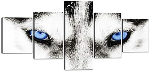 5 Pieces Black and White Husky Dog With Blue Eyes Canvas Wall Art...