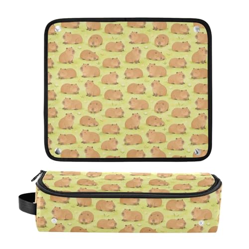 Organizador para herramientas de cabello 2 en 1 con tapete resistente al calor retirables, bolsa portátil impermeable para planchas y accesorios de cuidado capilar, diseño de capibaras en pasto miniatura 3