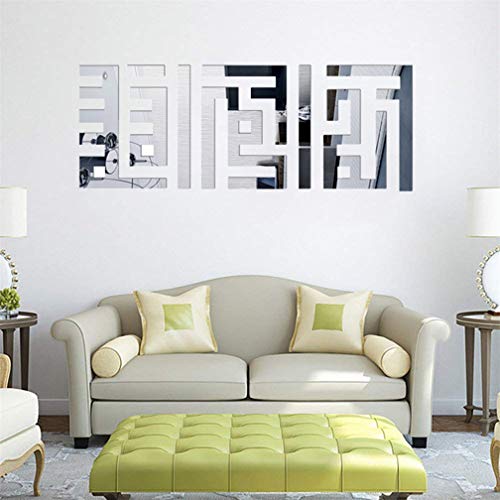 Muslim Mirror Wall Sticker, Removable 3D Acrylic Mirror Wall Sheet Self Adhesive Plastic Mirror Tile Art DIY Home Decorative for Living Room Sofa TV Background Setting Bedroom Wall Decoration (silver)