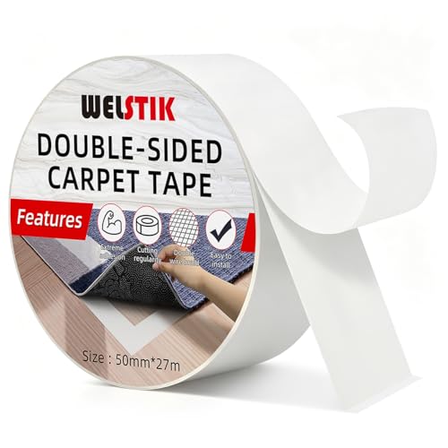 WELSTIK Double Sided Carpet Tape - Heavy Duty 50mm x 27m / 2 x 30 Yards Strong Adhesive for Area Rugs & Mats Removable & Residue-Free