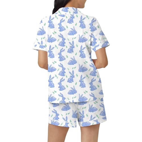 Image of Women Easter Pajamas Set Cute Bunny Button Down Shirt and Shorts 2 Piece Pj Set Y2K Easter Outfits