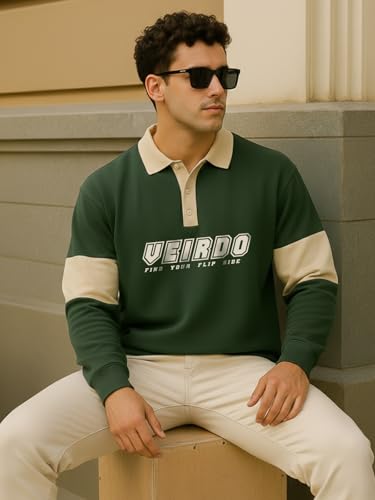 Image of Veirdo Men's Loopknit Cotton Oversized Baggy Fit | Full Sleeve Polo T-Shirt | Casual Streetwear with Ribbed Cuffs Travel | Sizes: S to XXL