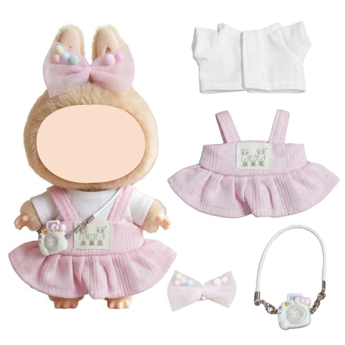 Doll Clothes Set for LABUBU White T-Shirt Pink Dress Pink Bow White Camera