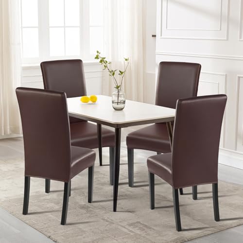 Image of SearchI Waterproof PU Leather Dining Chair Covers Stretch, Set of 4, Brown | Oilproof, Parsons Chair Slipcovers, Removable Washable, Kitchen Chair Protector for Dining Room, Hotel, Banquet, Ceremony