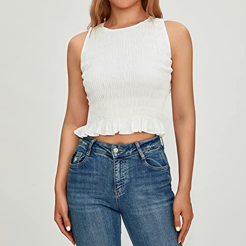 Women Shirred Tank Top Ruffle Sleeveless Tanks Frill Smocked Halter Cami Tops Summer Streetwear2
