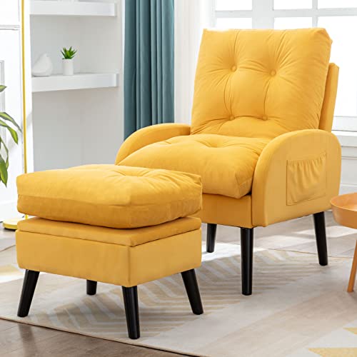 Ttgieet Accent Recliner Chair With Ottoman With Storage, Modern Velvet Armchair With Adjustable Backrest And Side Pocket, Single Sofa Chair Lounge Chair For Living Room, Bedroom, Office (Yellow) #TOP19
