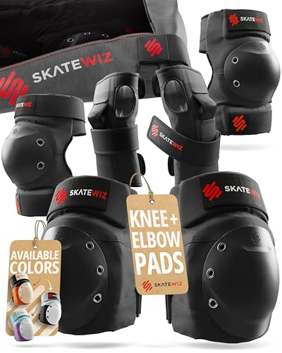 SKATEWIZ Knee and Elbow Pads Adult - Skating Protective Gear Adult - Shield - Size M/L Black - Skateboard Pads with Wrist Guards for Inline Skates, Roller Skate - Ice Skates for Women