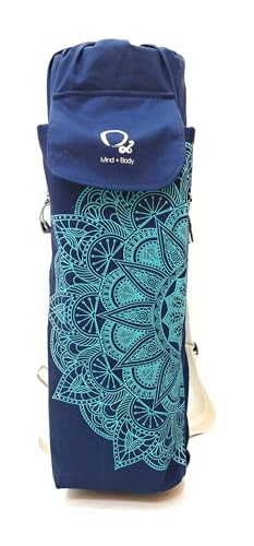 Image of O2 Yoga Mat Bag | Cotton Yoga Mat Carry Bag with Adjustable Double Straps | Bottle Holder & Zipper Pocket | Yoga Mat Cover Bag for Women & Men | Fits 2mm-10mm Mats | Lightweight - Blue