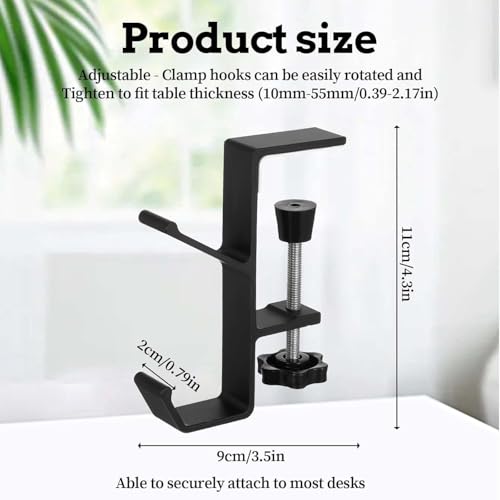 Image of 2Pcs Clamp-On Under Desk Headphone Holder Backpack Hook Students' Desk Hook with Adjustable Arm Clamp Women's Bag Handbag and Purse Holder - Suitable for Plate Between 1-5cm / 0.4-1.96 inch - Black