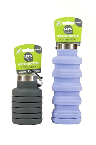 CS Beauty 2 Pack x Collapsible Water Bottle 500ml Silicone Travel Bottle with Carabiner Foldable Design Hiking - Camping - Available in Colours Grey Purple Orange - (Colour Chosen at Random)