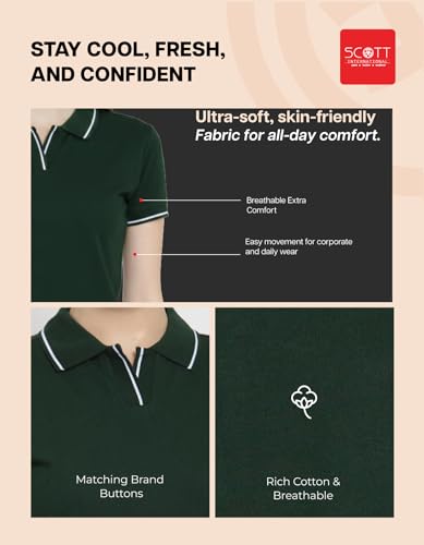 Image of Scott International Women's Cotton Polo T-Shirt | Half Sleeve Plain Collar Tee | Stylish Casual Top | Plain T-Shirt for Girls | Workwear for Office & Casual Wear