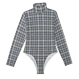 voucong vintage buffalo plaid a quadri grigio manica lunga carino top per le donne che uscono collo body donna carino top, vintage buffalo plaid quadri grigio, x-large