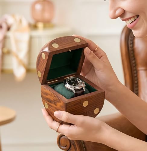 Image of Royal Craft Expertise Handcrafted Solid Wood Dice-Shaped Watch Box - Luxury Single Watch Case with Velvet Interior, Brass Dot Inlay, Premium Timepiece Display & Travel Storage Gift for Men
