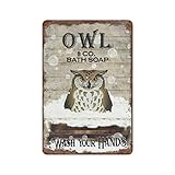 Finamille Vintage Iron Hanging Plate Owl Bath Soap Metal Tin Sign Wash Your Hands Metal Tin Sign，Owl Print, Funny Bathroom Decor, Animal Wall Art, Bathroom Decor Housewarming Gift 11.8'x7.9'